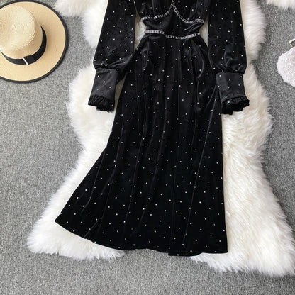 Vintage Hepburn style small black dress waist closed golden velvet dress  2949