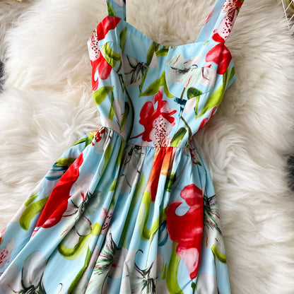 Floral dress open back French long skirt  2847