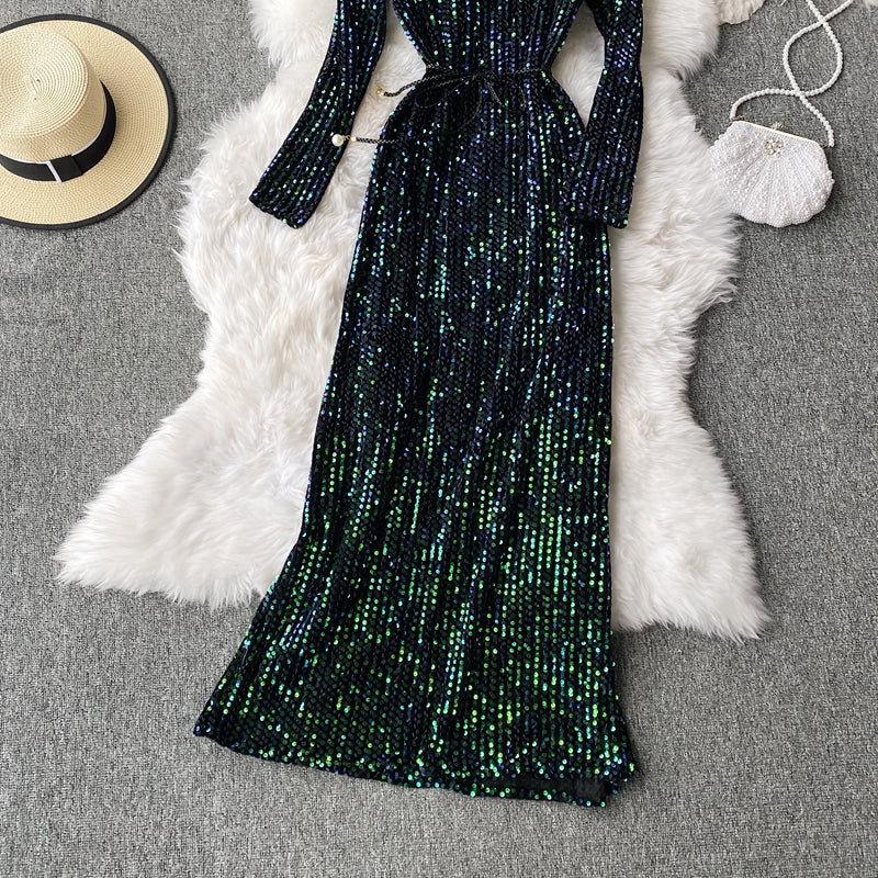 V-neck Sequin dress long sleeve waist closing lady temperament long skirt  3139