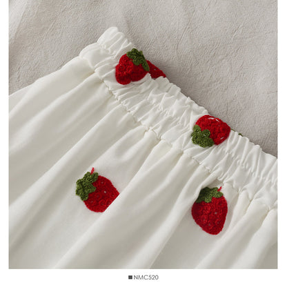 Sweet wind strawberry embroidery stitched medium length skirt  2584