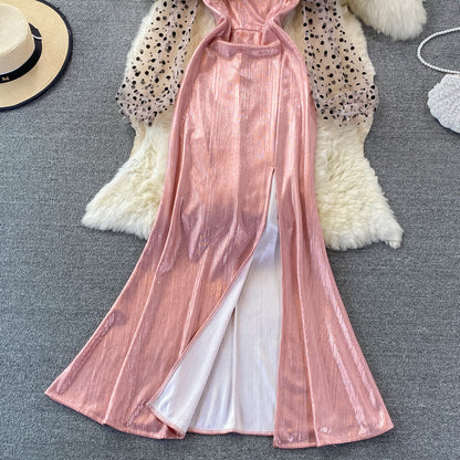 Metallic mosaic dot mesh suspender dress dress dress  3268