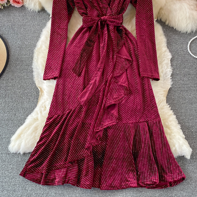 Hot diamond V-neck velvet dress fishtail long skirt  3107