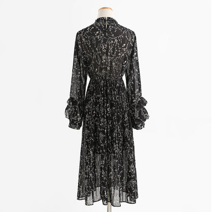Chiffon pleated skirt, fungus floral dress, slim dress, lady dress  2432