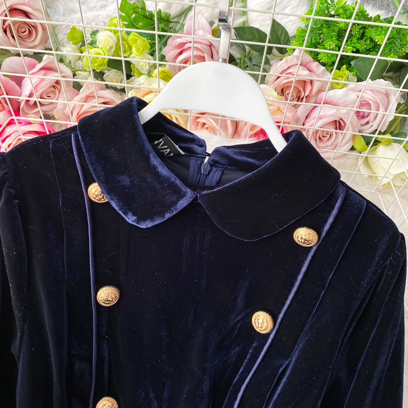 Doll Lapel gold button slim dress big swing velvet dress  3144