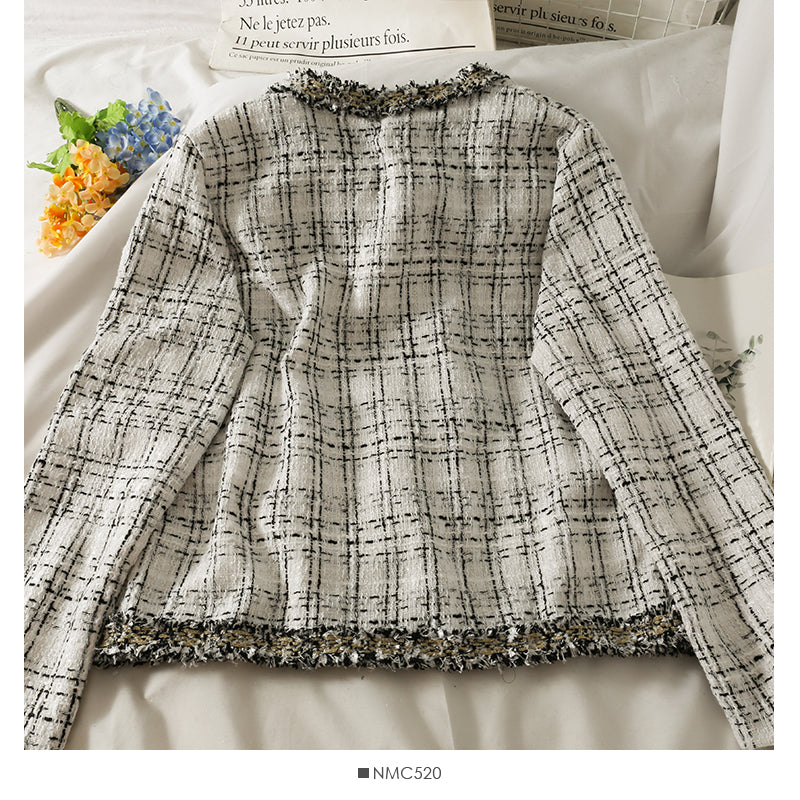Tweed Plaid loose top women's autumn round neck long sleeve bright silk wool coat  2090
