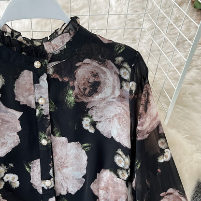 Slim waist and slim temperament French Vintage Chiffon Dress  3198