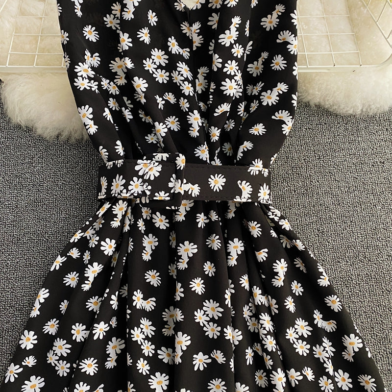 Floral skirt hanging neck V Chiffon Dress  3414