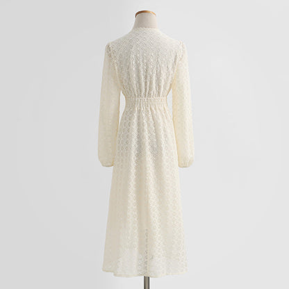 Dress long sleeved fairy lace skirt with thin waist, retro white first love skirt  2337