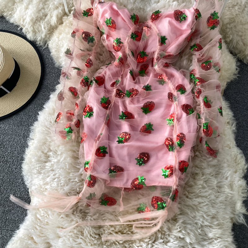 Gauze dress strawberry pink one line shoulder bag hip skirt  3177