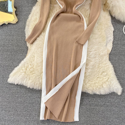Round neck long sleeve split medium long stretch tight knit dress  3381
