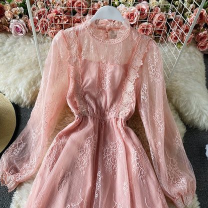 Lace round neck, sweet waist, slim A-line skirt, medium length skirt  3297
