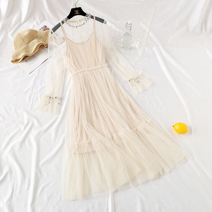 Mesh dress French elegant Sequin beaded lace up bottom skirt  2456