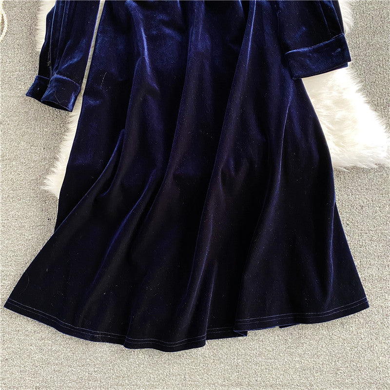 Stand neck off shoulder velvet A-line dress  3034