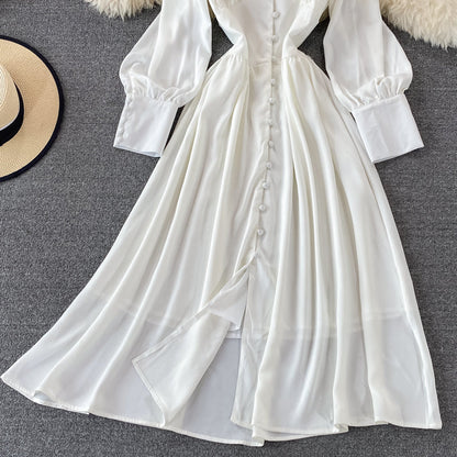 Single breasted waistband slim bubble sleeve dress long skirt  3334
