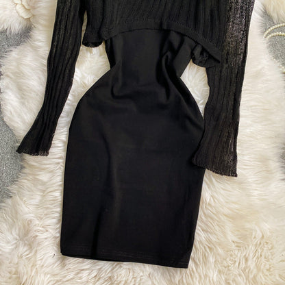Long sleeved Knitted Blouse hip strap dress  2764