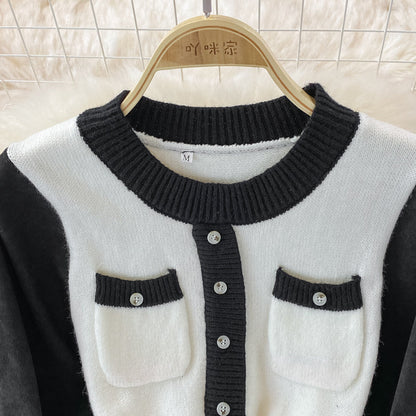 Korean high waist round neck knit stitched dress  3369