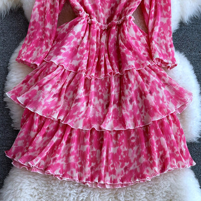 Round neck halo dyed pink Ruffle cake dress  3112
