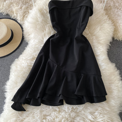 Straight neck, open back, waist closed, thin, irregular Ruffle suspender dress  2943