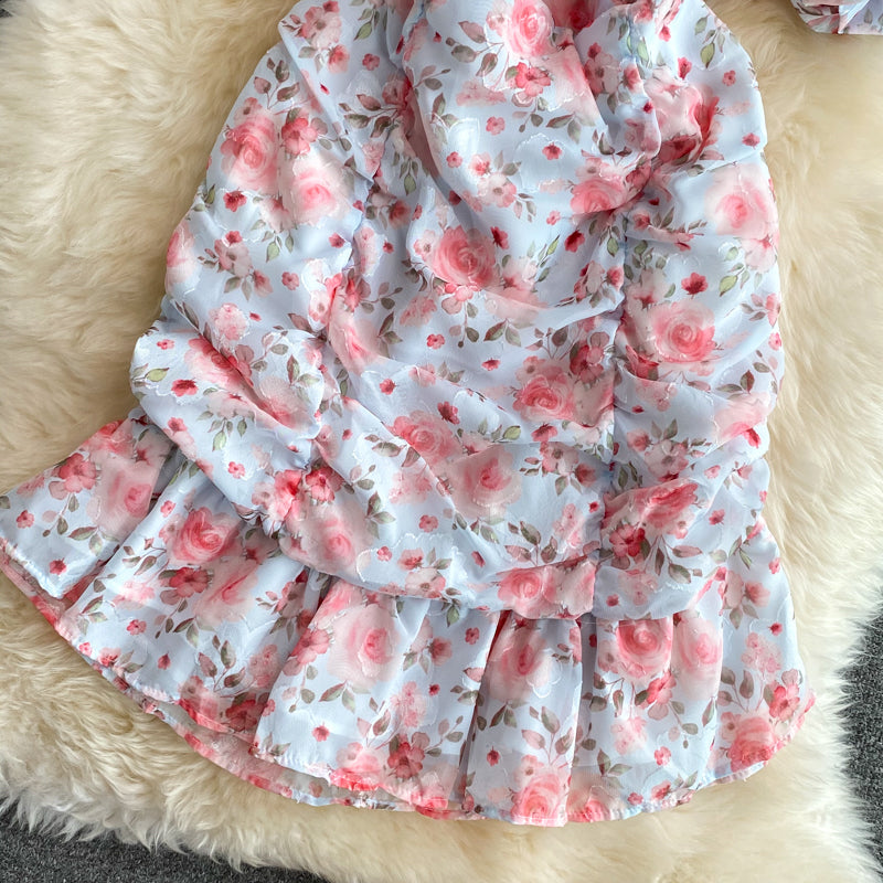 Gentle wind floral V-neck fishtail wrap hip Chiffon Dress  3346