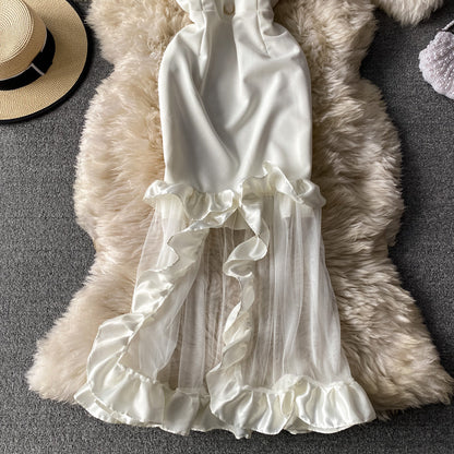 Sexy Strapless exposed shoulder bag hip fishtail dress gauze mesh stitching  3033