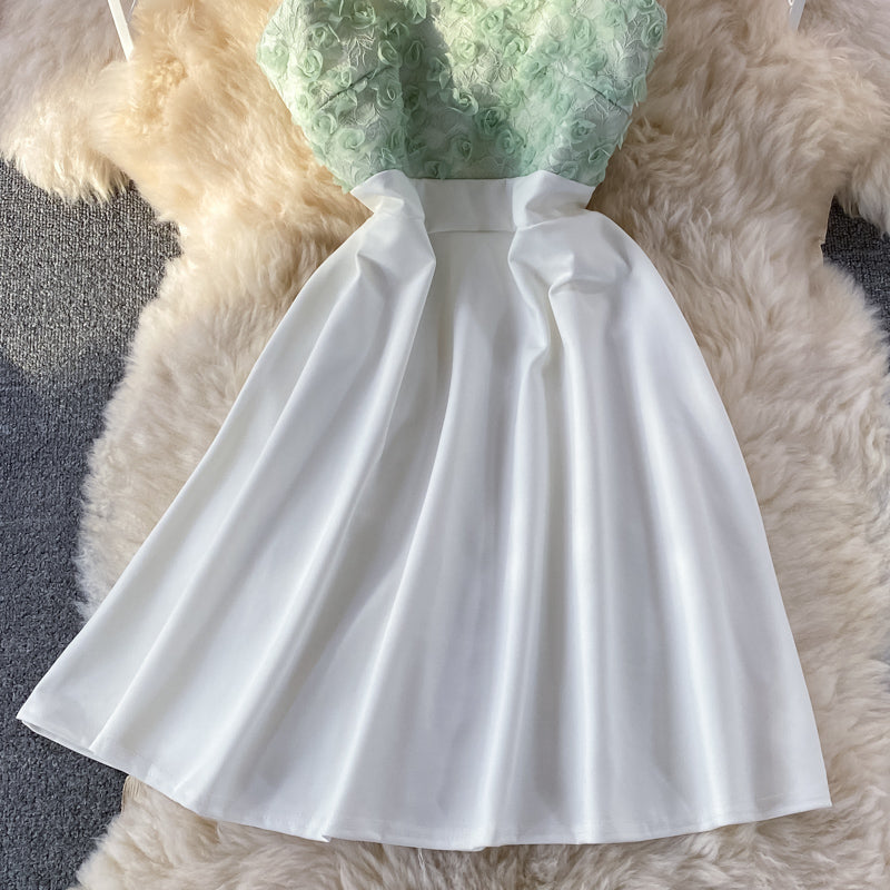 Stand collar petal splicing high waist suspender strapless dress  3215