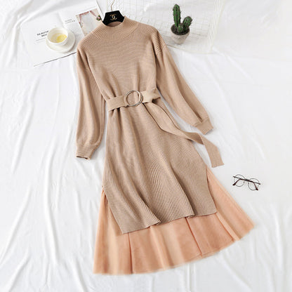 Knitted dress, women's French retro skirt, fashion suit, waist closing, thin temperament  2291