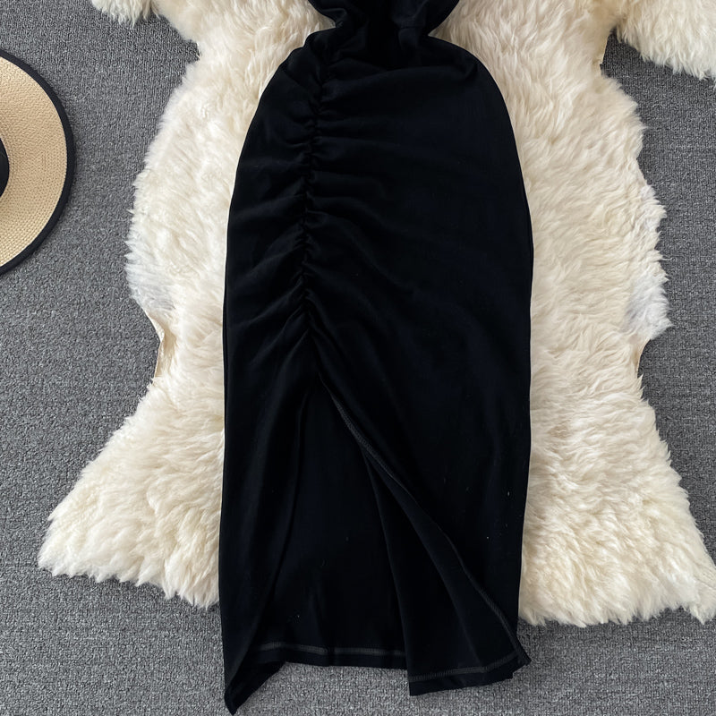 Pleated split suspender skirt with exposed backpack hip dress  3203