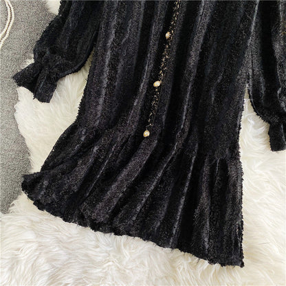 Ruffle panel lace flare sleeve French long sleeve V-neck dress  3146
