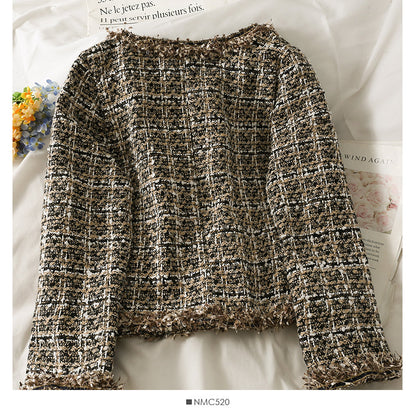 New coat round neck single breasted design Korean versatile Vintage Plaid knitted cardigan tassel  2090