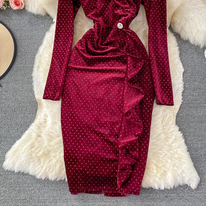 Temperament hot diamond velvet dress V-neck Ruffle tight Hip Wrap  3090