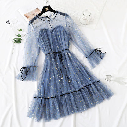 Sequin lace mesh dress women's autumn and winter loose bottomed doll dress  2173