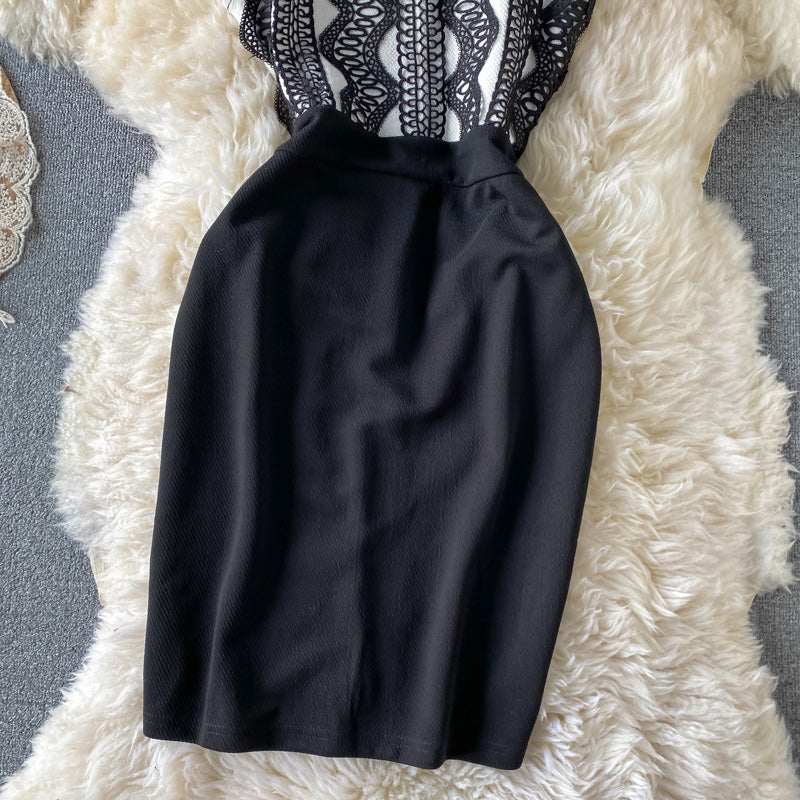 Lace Panel contrast slim wrap hip dress  2892