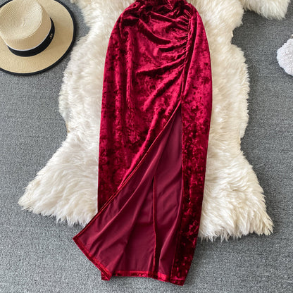 Velvet suspender split dress  3050