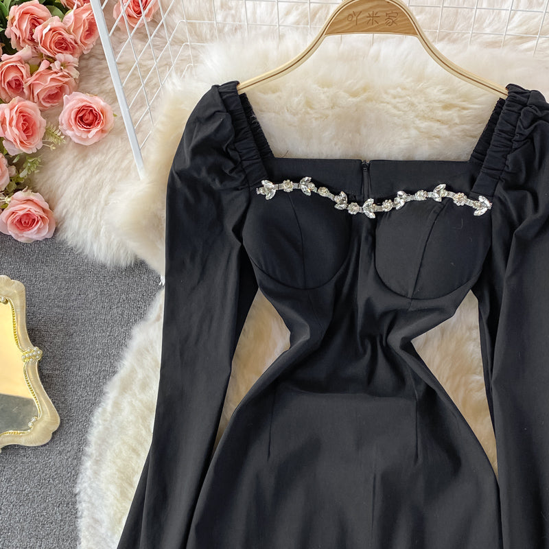 High end light luxury Nail Drill stitched Vintage Hip Wrap Dress  3013