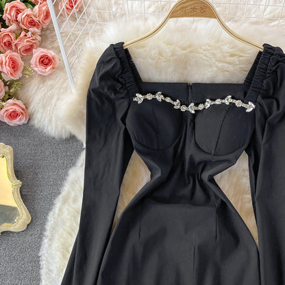 High end light luxury Nail Drill stitched Vintage Hip Wrap Dress  3013