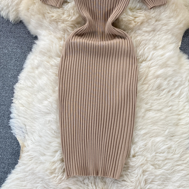 V-neck slim knit dress Hip Wrap  2973