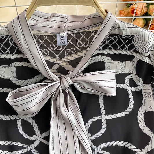 Bow print medium length waist closing high-end French dress  3207
