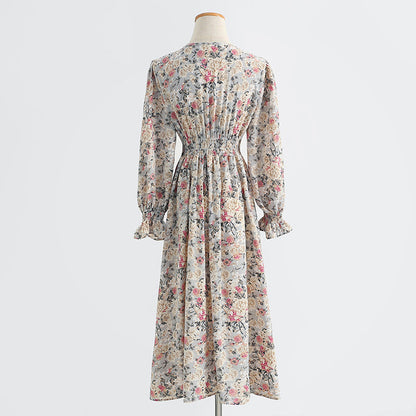 Long sleeve floral dress long fairy French Vintage Chiffon  2430