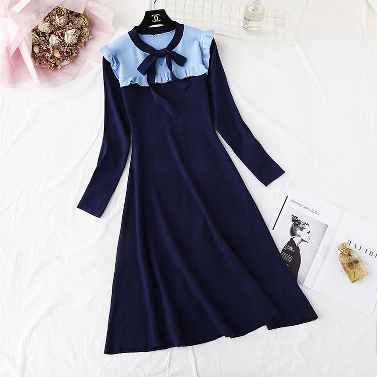 New fashion French retro long sleeve bottomed wool dress  2393