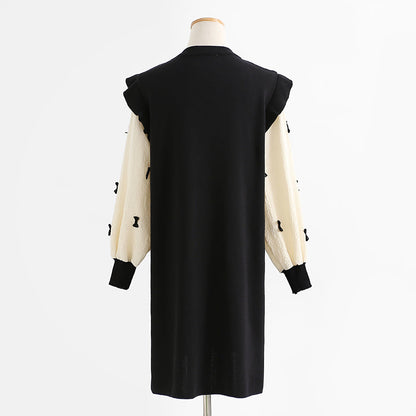 Loose and slim long sleeved wool dress over knee knitted skirt bottomed long skirt  2445