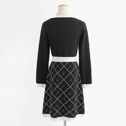 New bow knit dress long sleeve small fragrance A-line skirt  2421