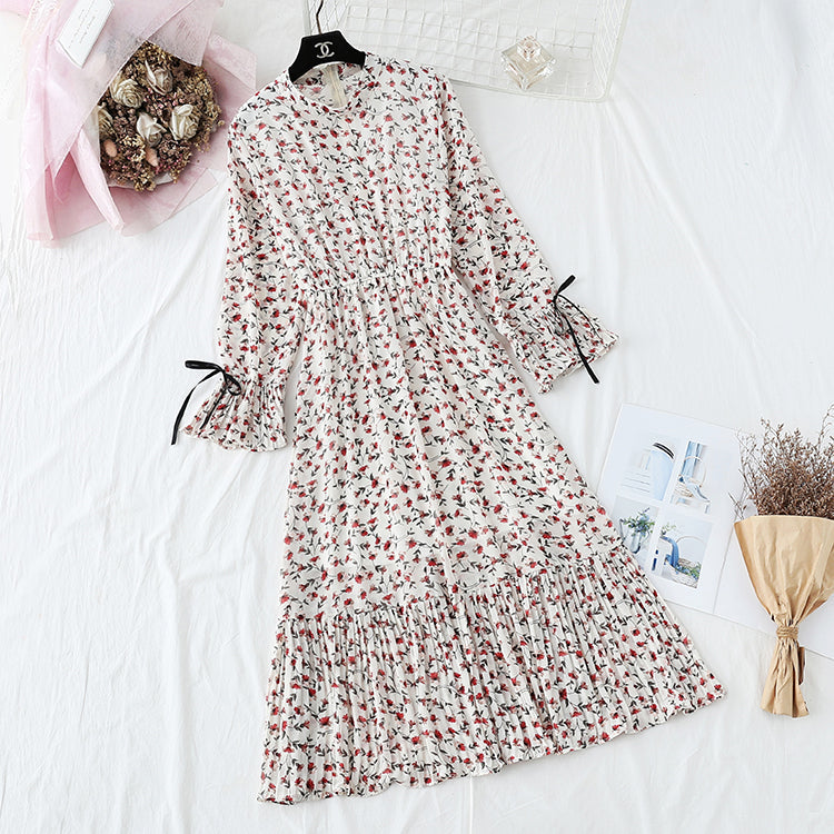New French retro pleated flare sleeve bottomed long skirt  2359