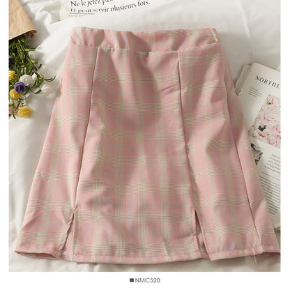 Retro simple versatile Plaid split casual A-line skirt  2645