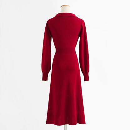 New hollow out red dress, age reducing and thin knitted bottomed skirt  2227