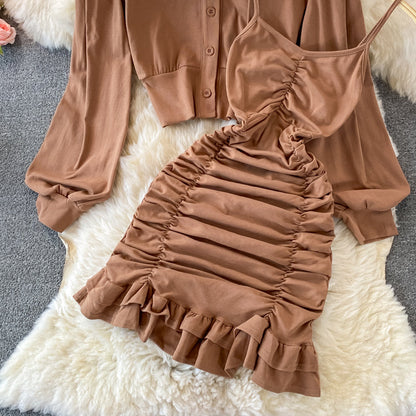 Slim suspender skirt Ruffle wrap hip dress  2859