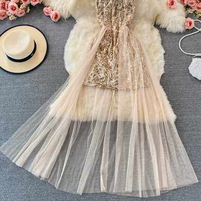 Sexy mesh patchwork neck off shoulder Sequin dress  2908