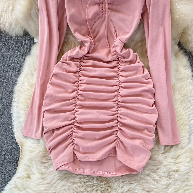 Sexy bubble sleeve slim fit lace up pleated square neck wrap hip dress  2917
