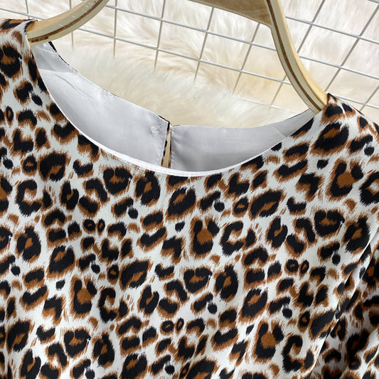 Ruffled round neck long sleeve Leopard Dress  3375