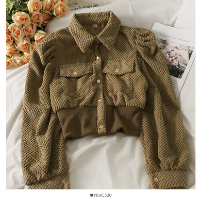 Korean short single breasted cardigan Lapel slim fit versatile long sleeved top fashion  2107
