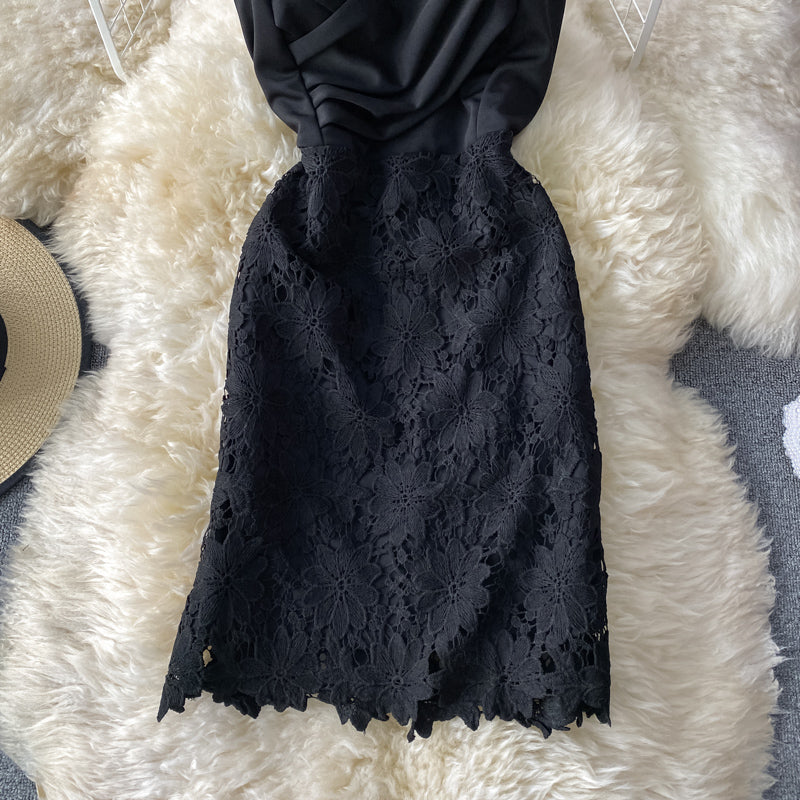 Lace stitched pleated waist for thin temperament Hip Wrap Skirt  3408